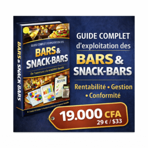 C'est un ebook intitulé « Guide complet d’exploitation des Bars & Snack-Bars ». La couverture met en avant un univers bar et snack-bar et sa restauration rapide avec cocktail, burger et arrière-plan de comptoir lumineux. Au dela de l'aspect consommation vous avez en dessous l'aspect gestion qui est l'objectif du guide. Le titre principal est large et premium, avec une promesse claire : « De l’ouverture à la rentabilité durable ». Des éléments graphiques de gestion (tableaux, graphiques, checklist) renforcent l’aspect professionnel et stratégique. Le prix est clairement affiché (19.000 CFA / 29 € / 33 $), positionnant le guide comme un produit commercial prêt à vendre.